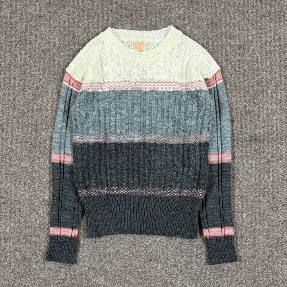 Vintage Retro Cableknit Crewneck Pullover Sweater Women S Grey Pink Cream Stripe